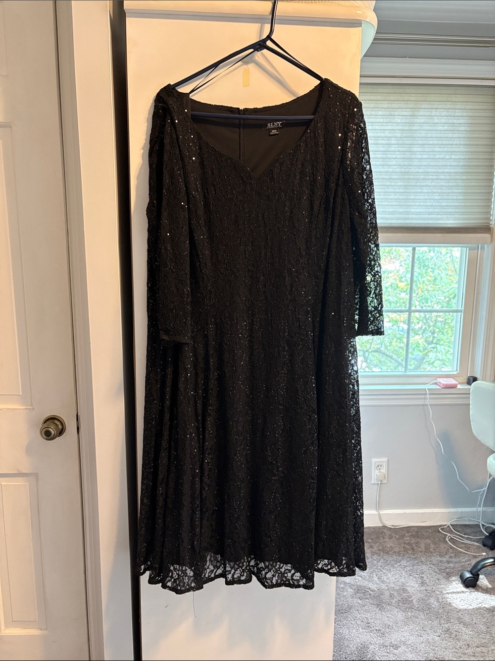 SLNY Black Lace V-Neck Long Sleeve A-Line Dress